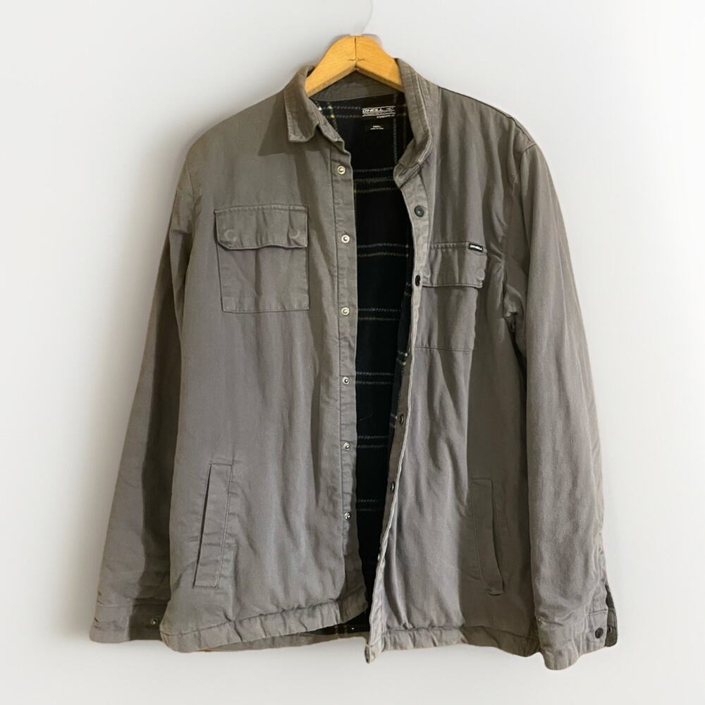 O’Neill Fleece Lined Jacket Mens S Gray Snap Button 4 Pockets Cotton